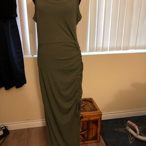 Ruched Olive Sleeveless Midi Dress